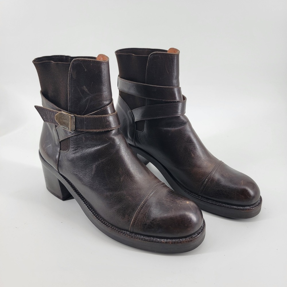 Espace Robert Clergerie Boots Womens 9 Brown Leather Cap Toe Buckle Block Heel